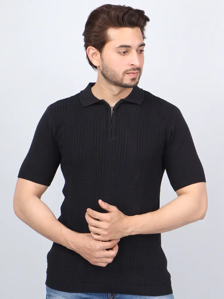 FEVERFEW  Men Self Design Polo Neck Pure Cotton T-Shirt