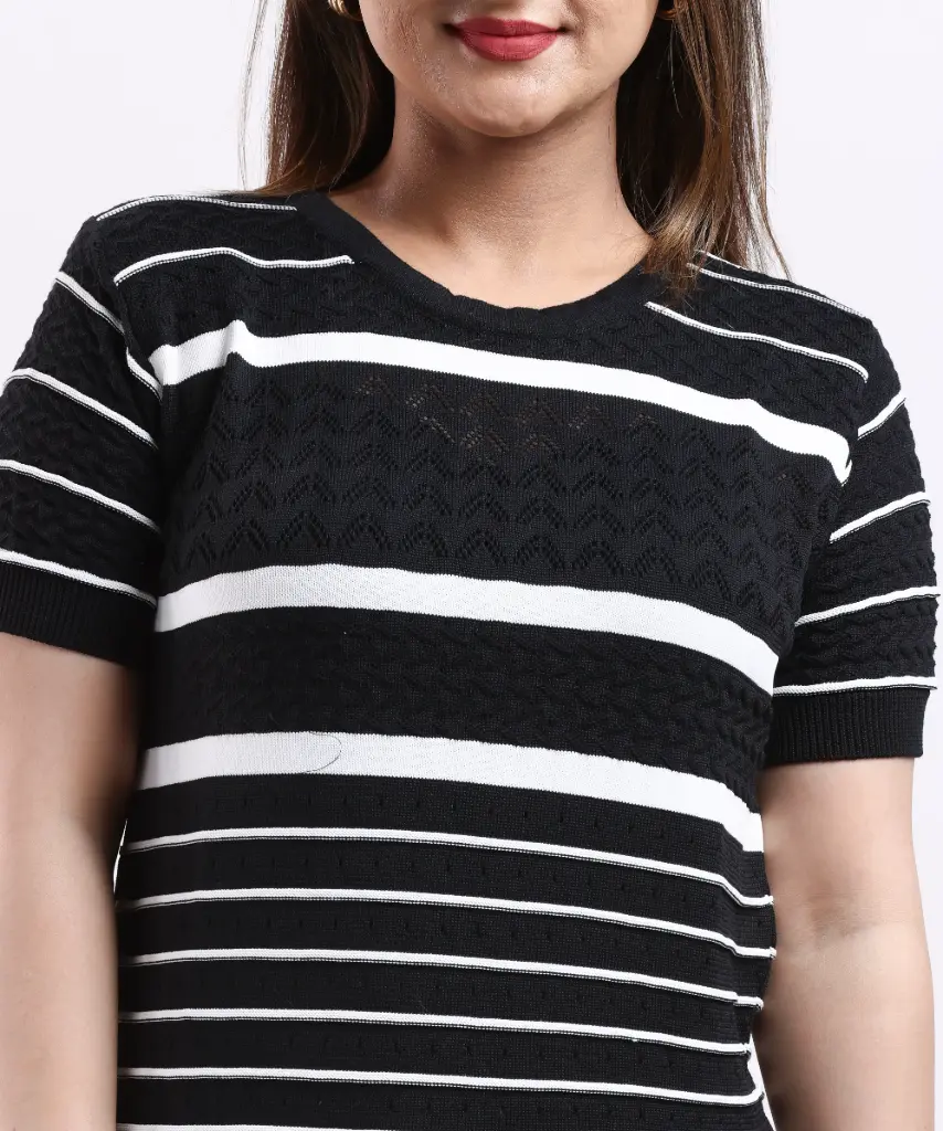 [FFTOP-263-BLACK-S] FEVERFEW  Casual Regular Sleeves Striped Women Top (Black, S)