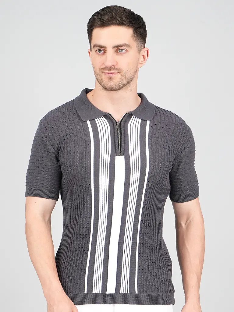 FEVERFEW  Men Self Design Polo Neck Pure Cotton T-Shirt