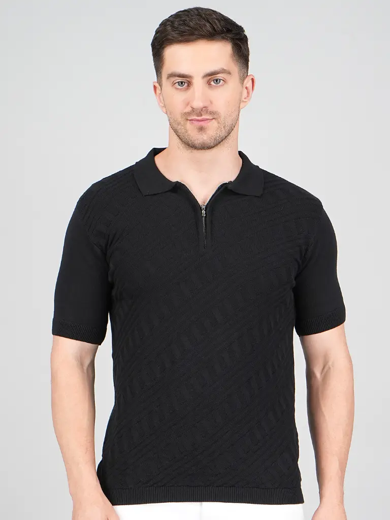 [FFTHSIRT-1405-BLACK-M] FEVERFEW Men Self Design Polo Neck Pure Cotton T-Shirt (Black, M)