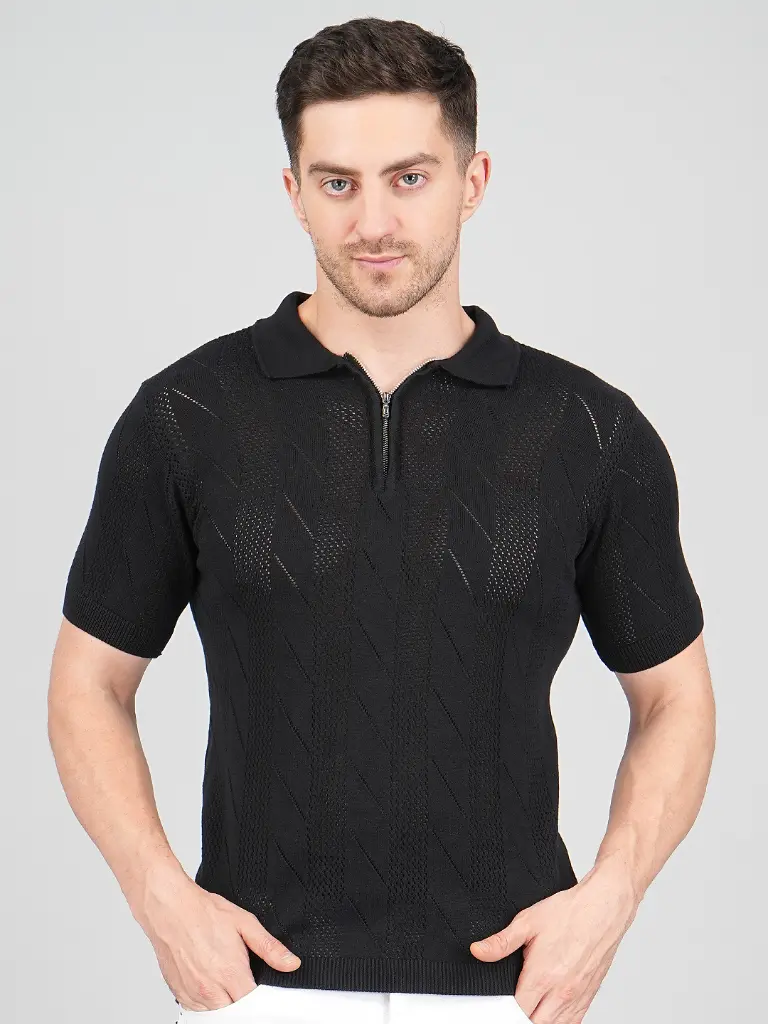 FEVERFEW Men Self Design Polo Neck Pure Cotton T-Shirt