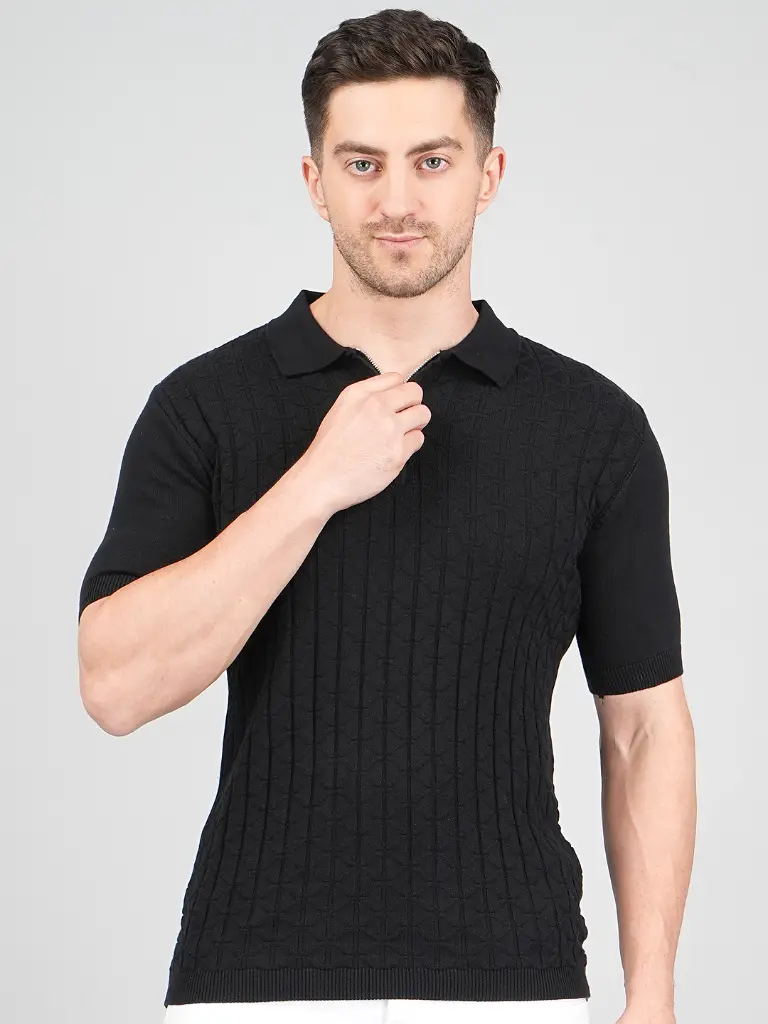 [FFTSHIRT-1407-BLACK-M] FEVERFEW  Men Self Design Polo Neck Pure Cotton T-Shirt (Black, M)
