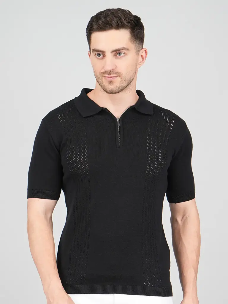 [FFTSHIRT-1409-BLACK-M] FEVERFEW Men Self Design Polo Neck Pure Cotton T-Shirt (Black, M)
