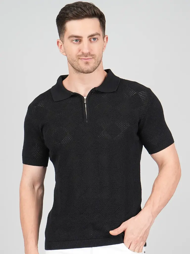 [FFTSHIRT-1410-BLACK-M] FEVERFEW Men Self Design Polo Neck Pure Cotton T-Shirt (Black, M)