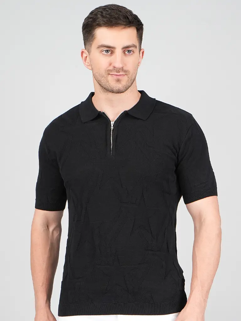 [FFTSHIRT-1412-BLACK-M] FEVERFEW Men Self Design Polo Neck Pure Cotton T-Shirt (Black, M)