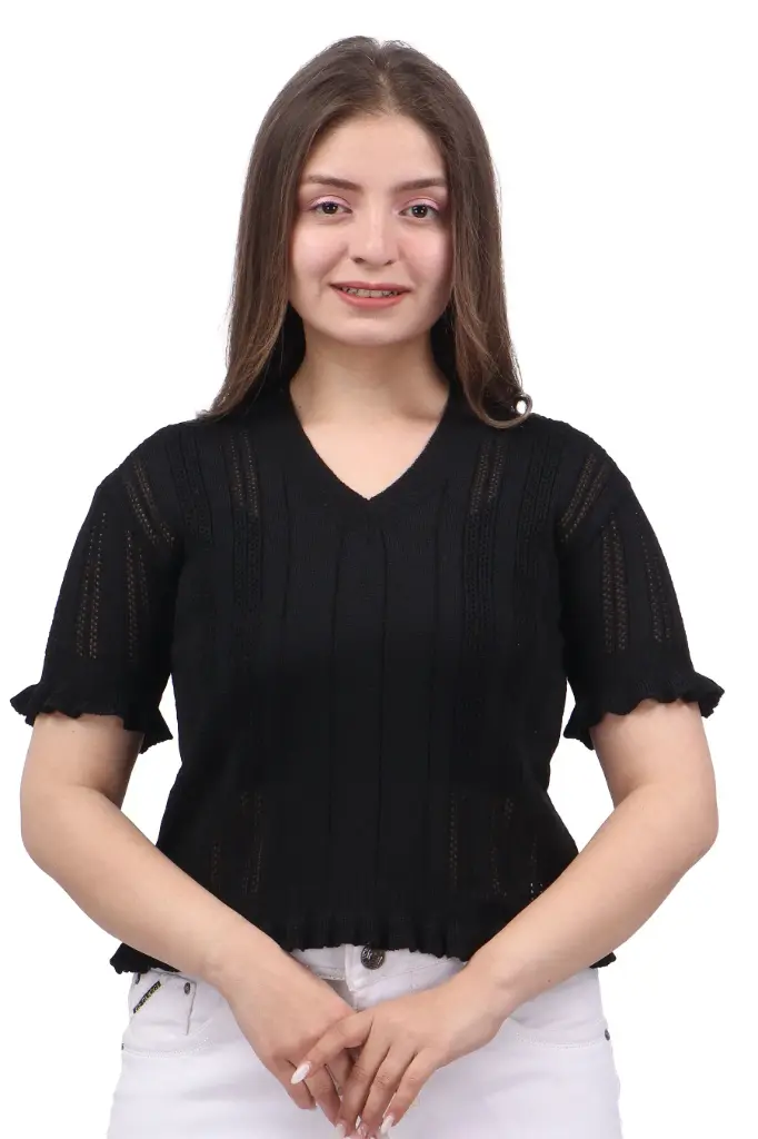 [FFTOP-701-BLACK-S] FEVERFEW Casual Cape Sleeves Solid, Self Design, Striped Women Top (Black, S)