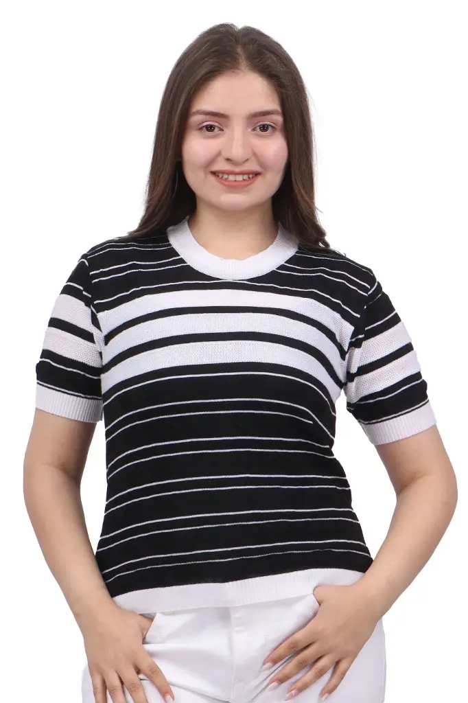 [FFTOP-704-BLACK-S] FEVERFEW Casual Cape Sleeves Solid, Self Design, Striped Women Top (Black, S)