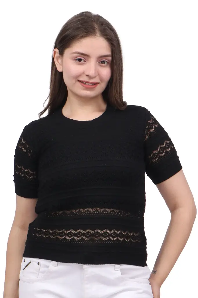 [FFTOP-705-BLACK-S] FEVERFEW Casual Cape Sleeves Solid, Self Design, Striped Women Top  (Black, S)