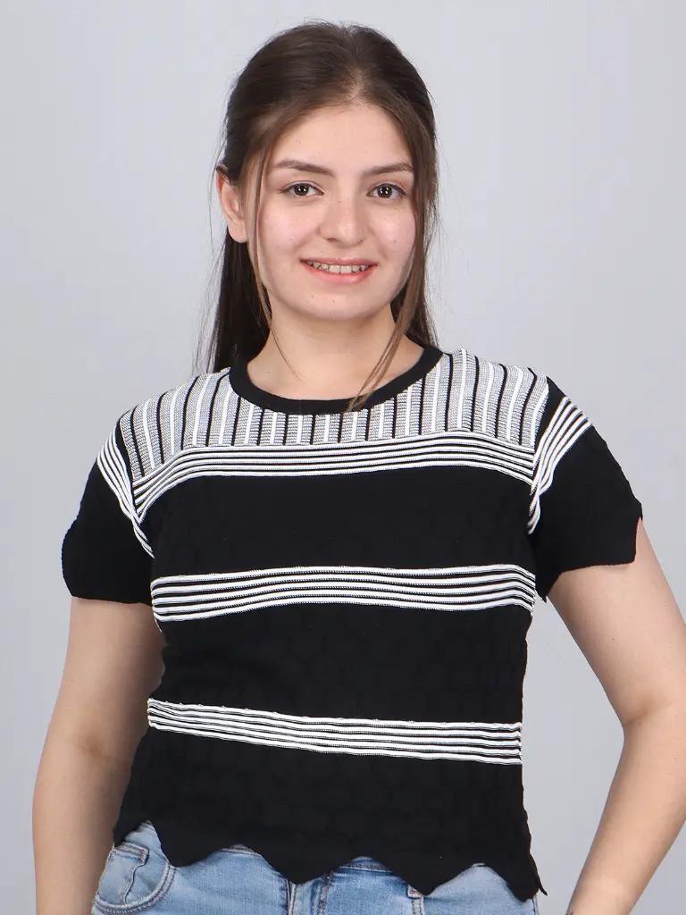 [FFTOP-709-BLACK-S] FEVERFEW Casual Cape Sleeves Solid, Self Design, Striped Women Top (Black, S)