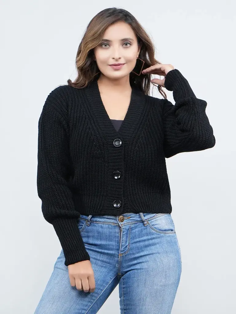 [FF14000-BLACK-FS] Women Solid V Neck Sweater (Black)