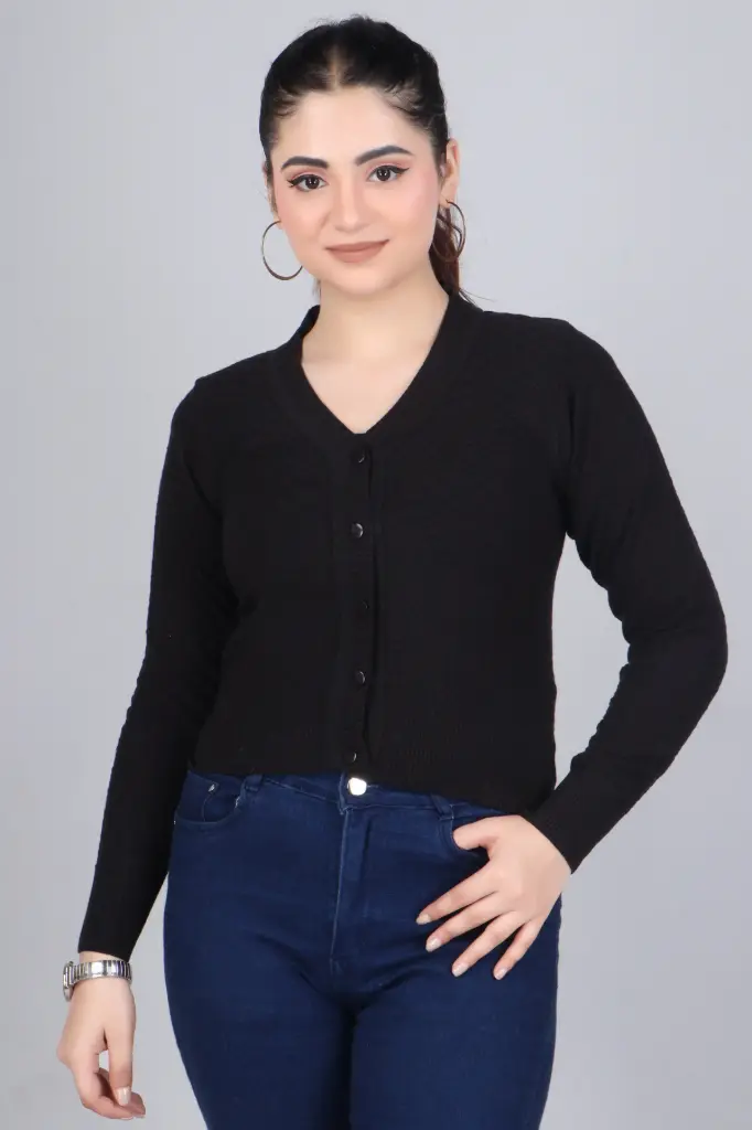 [W-11011-BLACK-FS] Women Self Design V Neck Sweater (Black)