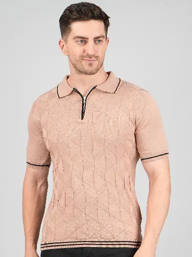 FEVERFEW Men Self Design Polo Neck Pure Cotton T-Shirt