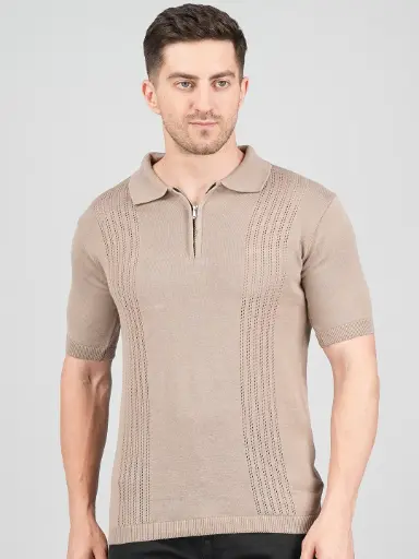 FEVERFEW Men Self Design Polo Neck Pure Cotton T-Shirt