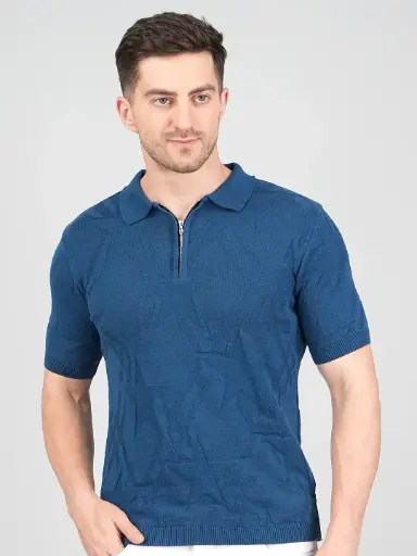 FEVERFEW Men Self Design Polo Neck Pure Cotton T-Shirt