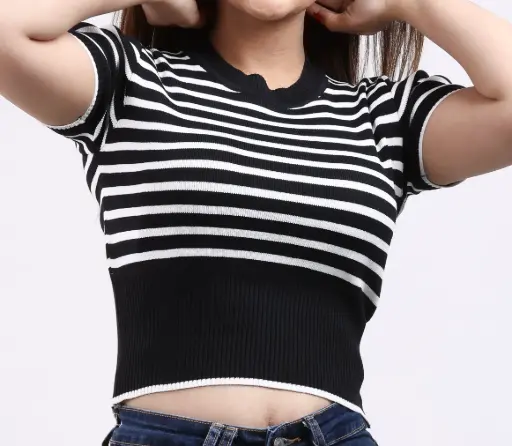 FEVERFEW  Casual Cape Sleeves Solid, Self Design, Striped Women Top With Long Border