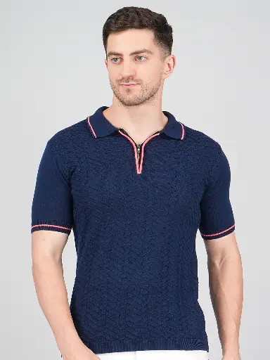 FEVERFEW  Men Self Design Polo Neck Pure Cotton T-Shirt