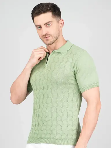 FEVERFEW  Men Self Design Polo Neck Pure Cotton T-Shirt