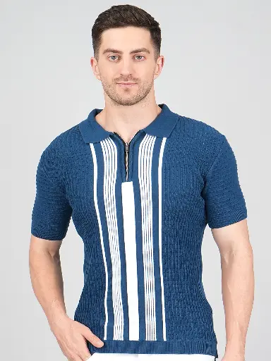 FEVERFEW  Men Self Design Polo Neck Pure Cotton T-Shirt