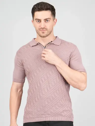 FEVERFEW Men Self Design Polo Neck Pure Cotton T-Shirt