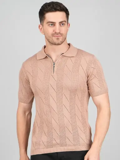 FEVERFEW Men Self Design Polo Neck Pure Cotton T-Shirt