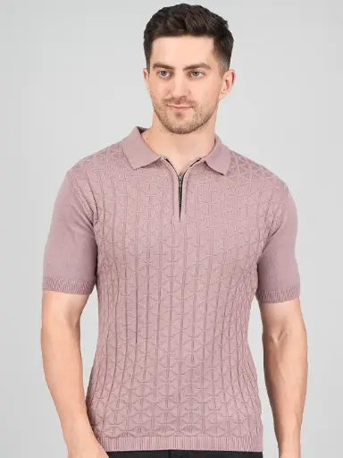 FEVERFEW  Men Self Design Polo Neck Pure Cotton T-Shirt